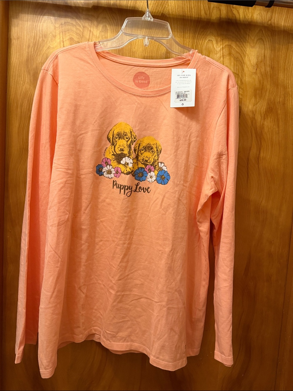 Life Is Good Peach Long Sleeve Tee with 'Puppy Love' Graphic